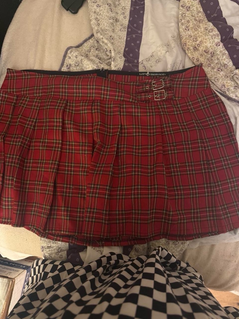 Plaid wRed Mini Skirt with Buckle Detail